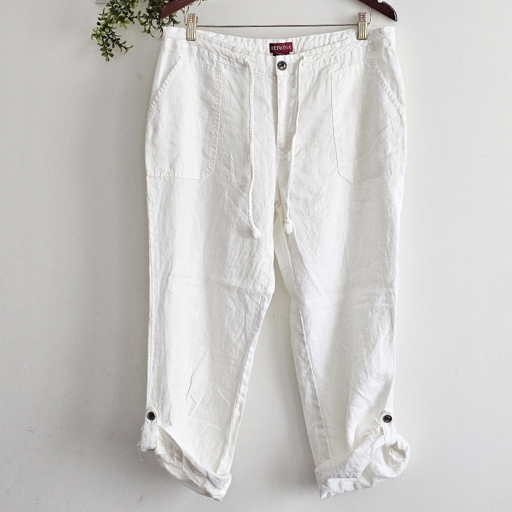 Merona White Linen Pants Womens Large Coastal Grandma Drawstring Relaxed Resort